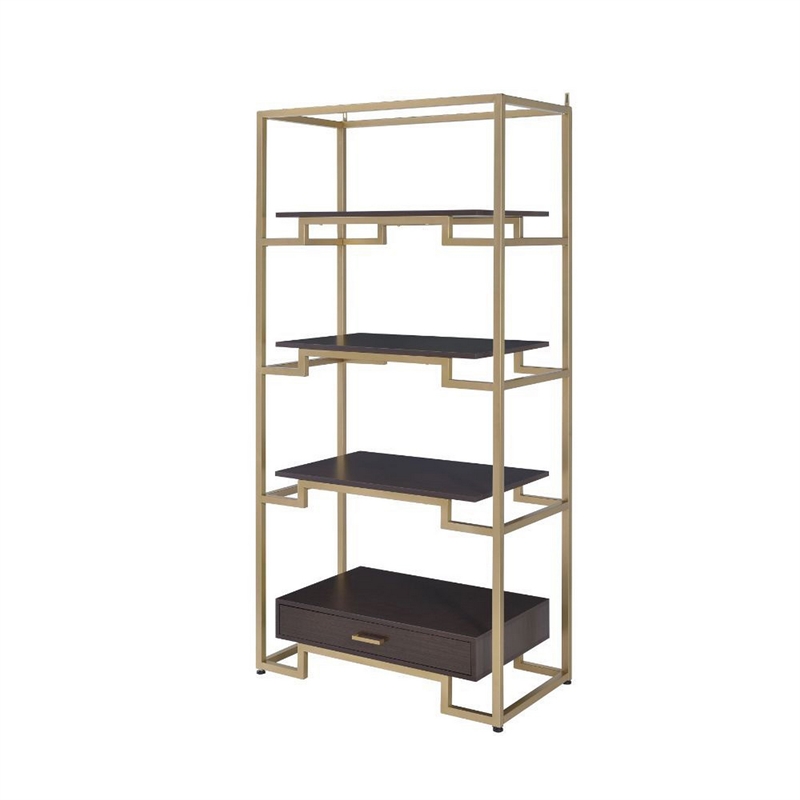 Benjara Wood and Metal Bookshelf with Shelves and Drawer- Brown and Gold