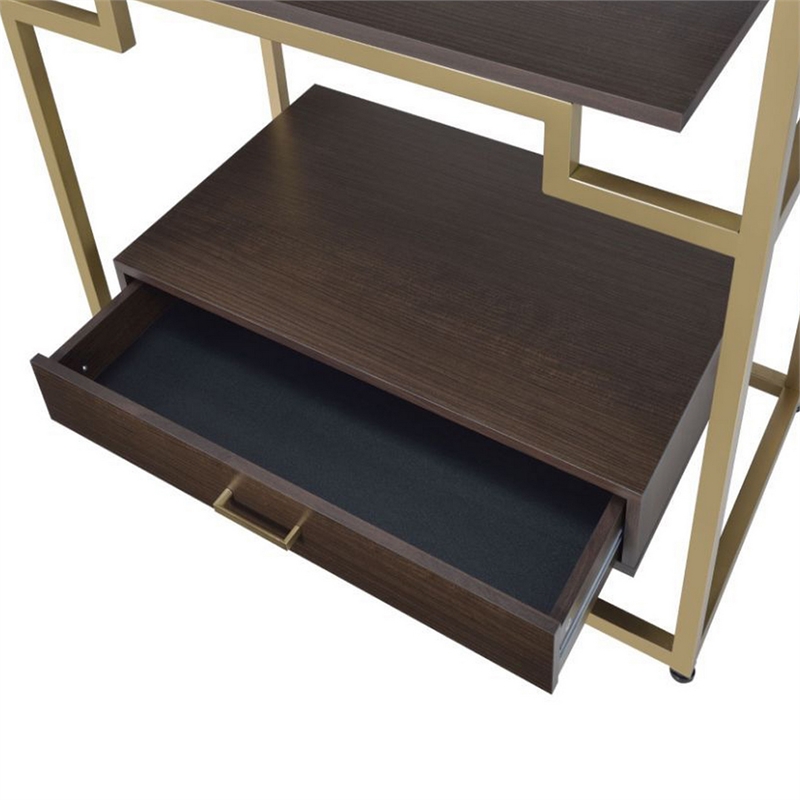 Benjara Wood and Metal Bookshelf with Shelves and Drawer- Brown and Gold