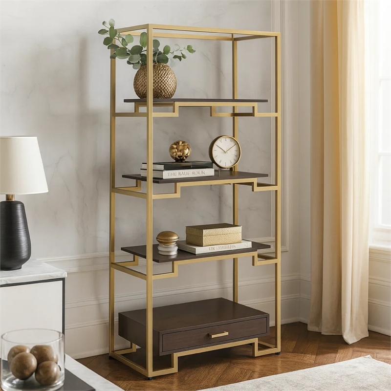 Benjara Wood and Metal Bookshelf with Shelves and Drawer- Brown and Gold
