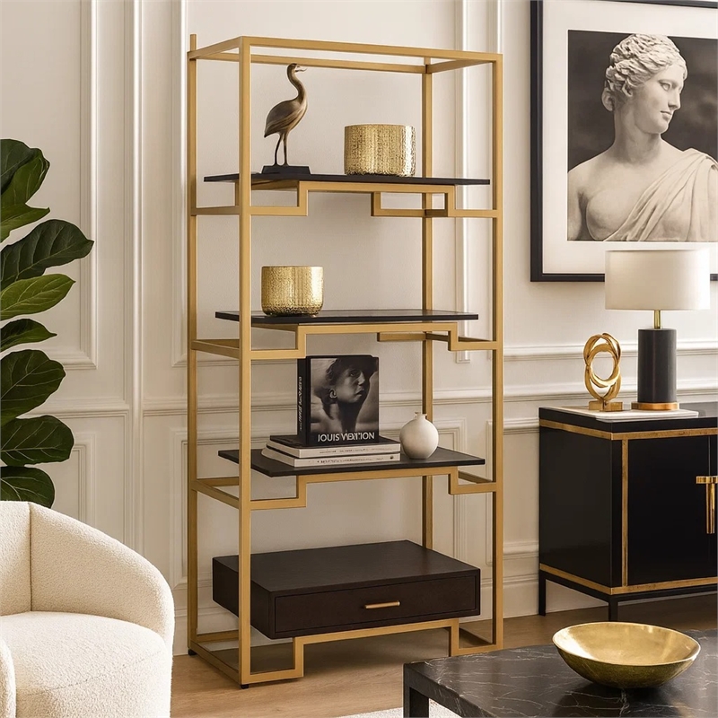 Benjara Wood and Metal Bookshelf with Shelves and Drawer- Brown and Gold