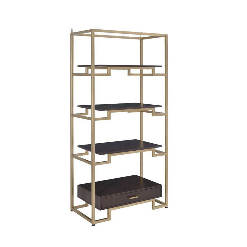 Benjara Wood and Metal Bookshelf with Shelves and Drawer- Brown and Gold