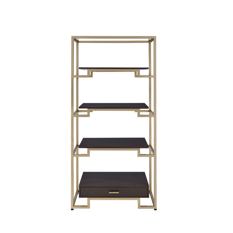 Benjara Wood and Metal Bookshelf with Shelves and Drawer- Brown and Gold