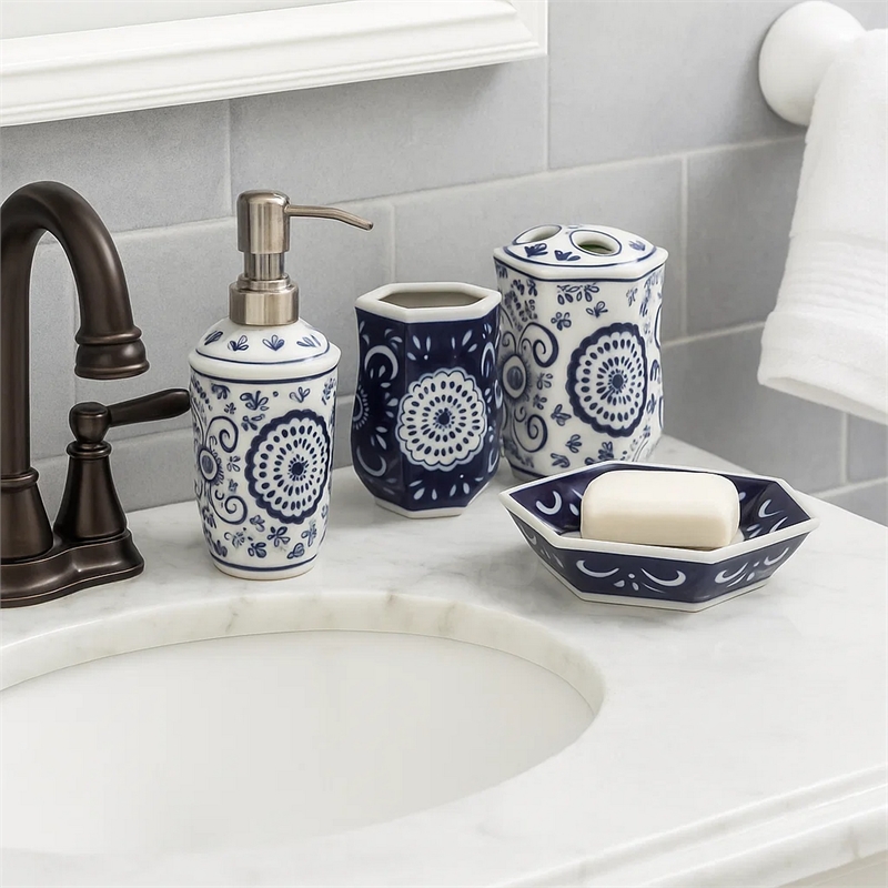 Benjara Elegantly Crafted Bath Accessories - Blue and White (Set of 4)