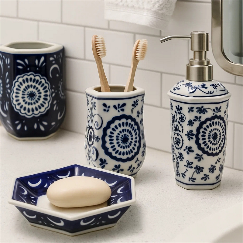 Benjara Elegantly Crafted Bath Accessories - Blue and White (Set of 4)