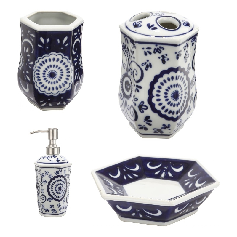 Benjara Elegantly Crafted Bath Accessories - Blue and White (Set of 4)