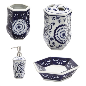 Benjara Elegantly Crafted Bath Accessories - Blue and White (Set of 4)