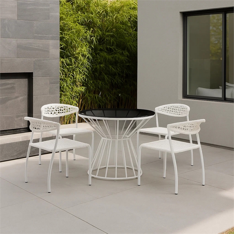 Benjara Industrial 5 Piece Metal Outdoor Dining Set- White and Black