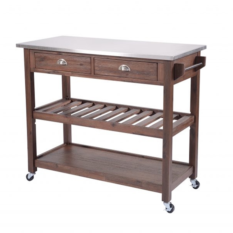 Benjara 2 Drawers Wooden Kitchen Cart with Metal Top and Casters- Gray and Brown