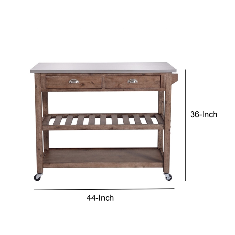 Benjara 2 Drawers Wooden Kitchen Cart with Metal Top and Casters- Gray and Brown