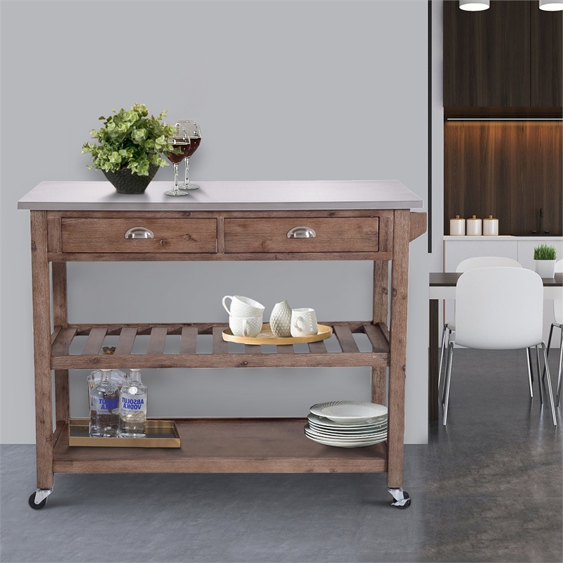 Benjara 2 Drawers Wooden Kitchen Cart with Metal Top and Casters- Gray and Brown