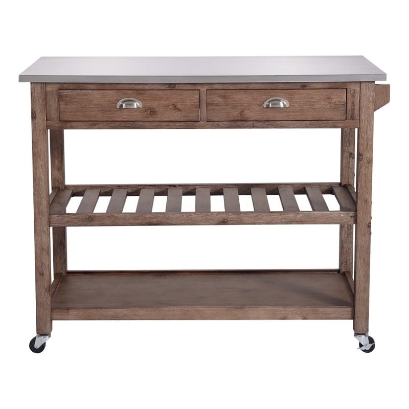 Benjara 2 Drawers Wooden Kitchen Cart with Metal Top and Casters- Gray and Brown