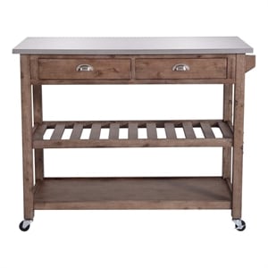 Benjara 2 Drawers Wooden Kitchen Cart with Metal Top and Casters- Gray and Brown