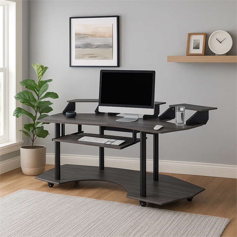 Benjara Wooden Computer Desk with Keyboard Tray and Open Bottom Shelf- Gray