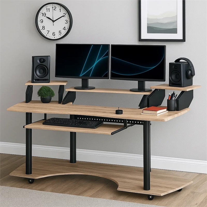 Benjara Wooden Computer Desk with Keyboard Tray and Open Bottom Shelf- Brown