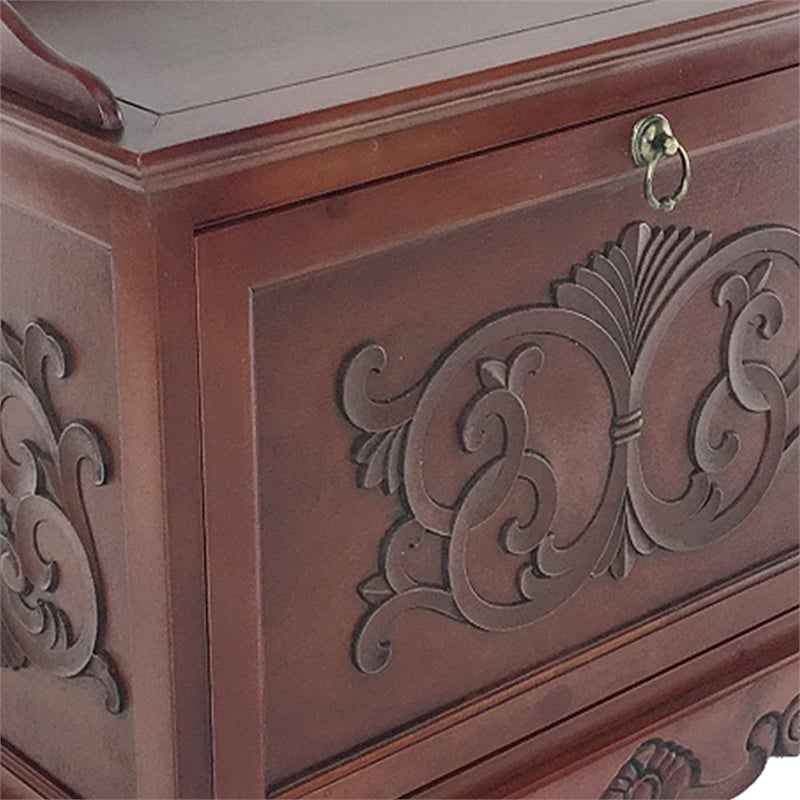 Benjara Engraved Wooden Shoe Cabinet with Drop Down Opening & Metal Hinges-Brown