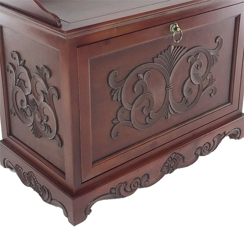 Benjara Engraved Wooden Shoe Cabinet with Drop Down Opening & Metal Hinges-Brown