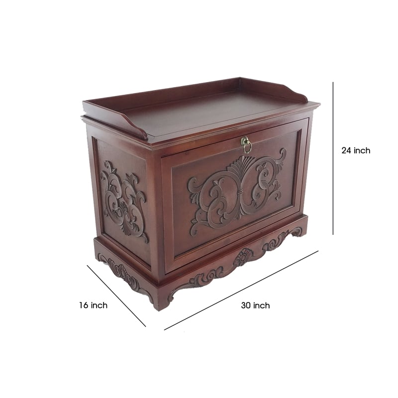 Benjara Engraved Wooden Shoe Cabinet with Drop Down Opening & Metal Hinges-Brown