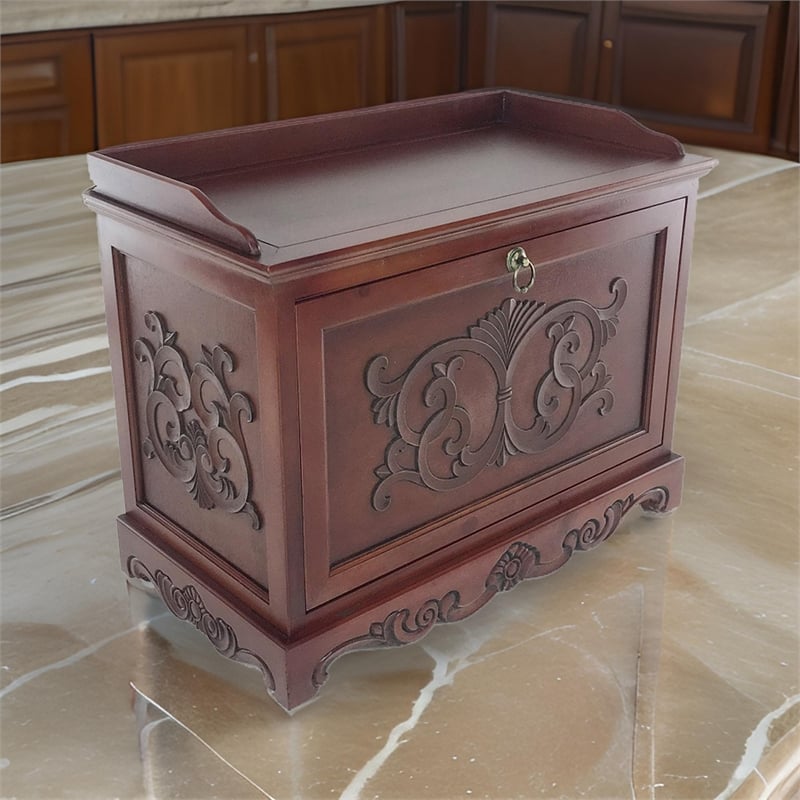 Benjara Engraved Wooden Shoe Cabinet with Drop Down Opening & Metal Hinges-Brown