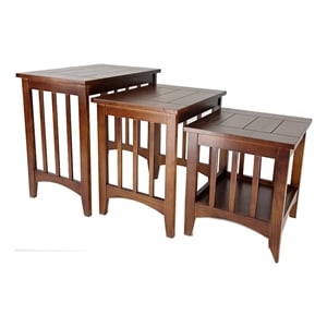 Benjara 3 Piece Nesting Table with Plank Tabletop and Slatted Sides- Oak Brown