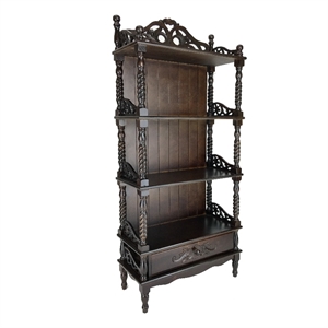 Benjara Wooden Bookcase Shelf with Carved Details and Filigree Accents- Brown