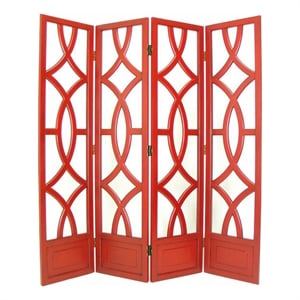 Benjara Wooden 4 Panel Room Divider with Open Geometric Design- Red