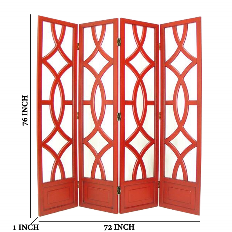 Benjara Wooden 4 Panel Room Divider with Open Geometric Design- Red