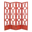 Benjara Wooden 4 Panel Room Divider with Open Geometric Design- Red