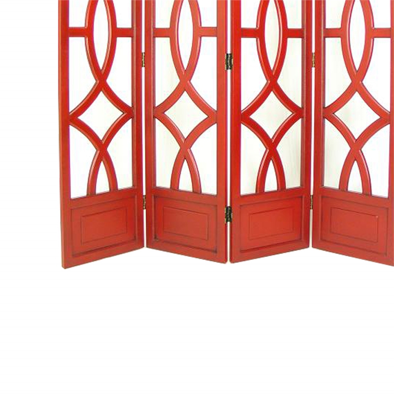 Benjara Wooden 4 Panel Room Divider with Open Geometric Design- Red