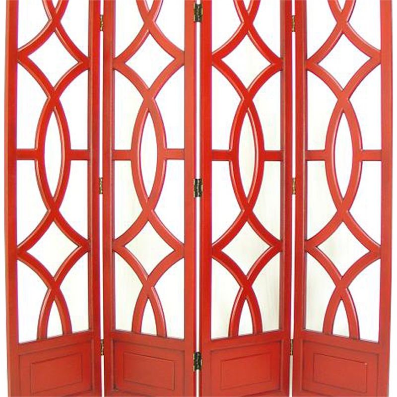 Benjara Wooden 4 Panel Room Divider with Open Geometric Design- Red