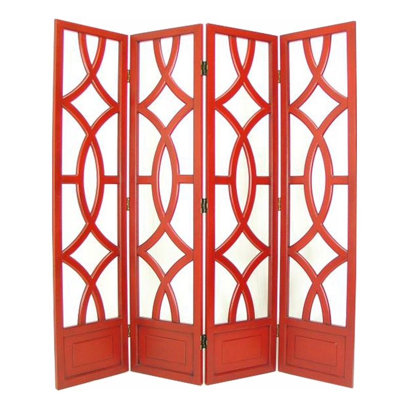 Benjara Wooden 4 Panel Room Divider with Open Geometric Design- Red