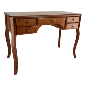 Benjara Wooden Writing Desk with Cabriole Legs and 5 Drawers- Brown