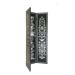 Benjara Wooden Double Sided 3 Panel Room Divider with Motifs- Multicolor
