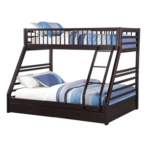 Benjara Wooden TwinXL/Queen Bunk Bed with Drawers- Espresso Brown