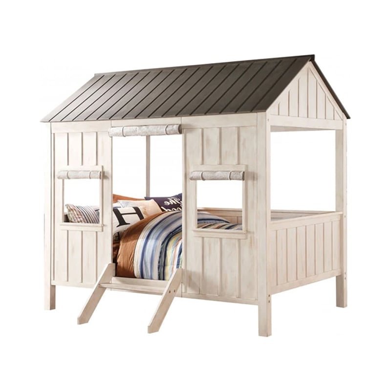 Benjara Wooden Cottage Full Bed- Weathered White & Washed Gray