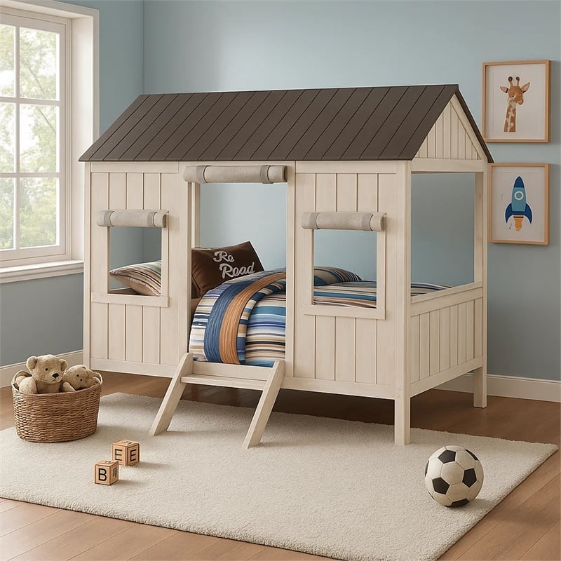 Benjara Wooden Cottage Full Bed- Weathered White & Washed Gray