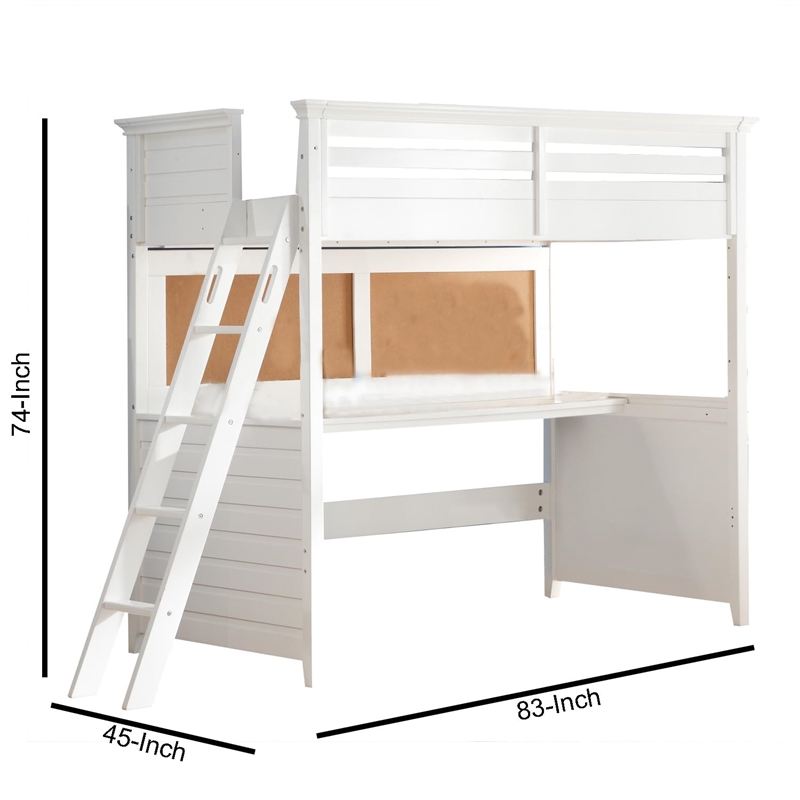 Benjara Wood Twin Size Loft Bed with Desk- White