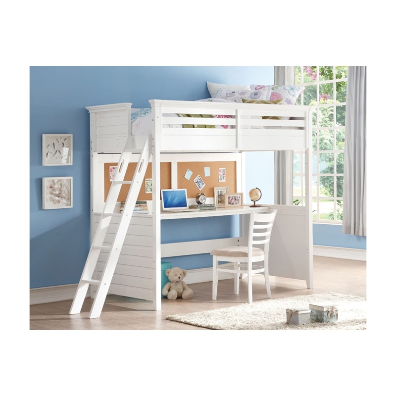 Benjara Wood Twin Size Loft Bed with Desk- White