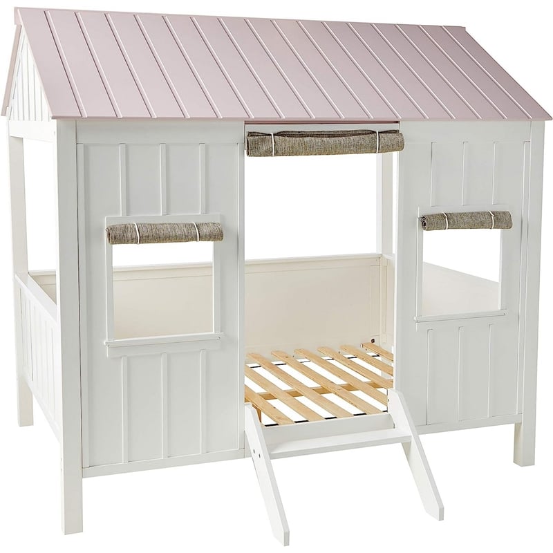 Benjara Wooden Cottage Full Bed- White & Pink