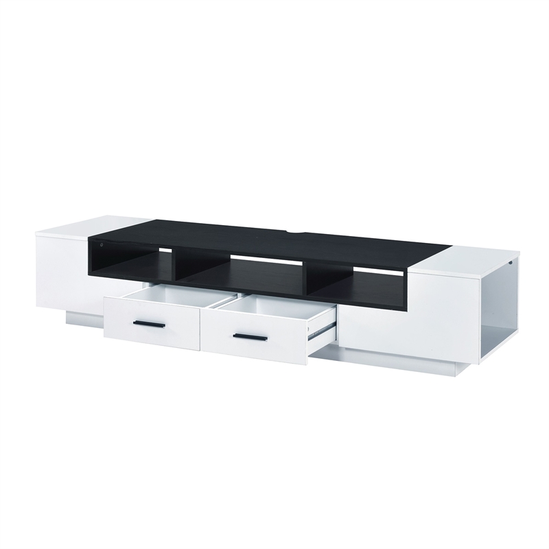 Benjara Contemporary 2 Drawer TV Stand with Media Compartments- Black and White