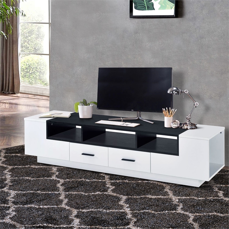 Benjara Contemporary 2 Drawer TV Stand with Media Compartments- Black and White