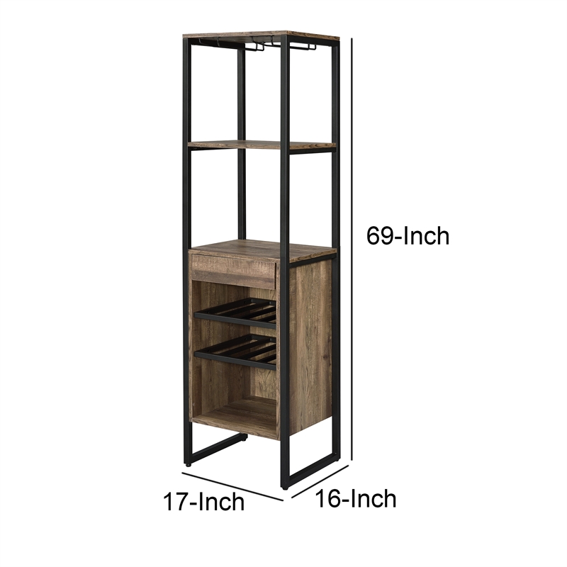 Benjara Industrial Wood and Metal Wine Rack with 3 Compartments- Brown and Black