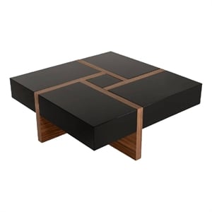 Benjara Square Top Wooden Coffee Table with 4 Drawer Storage- Brown and Black