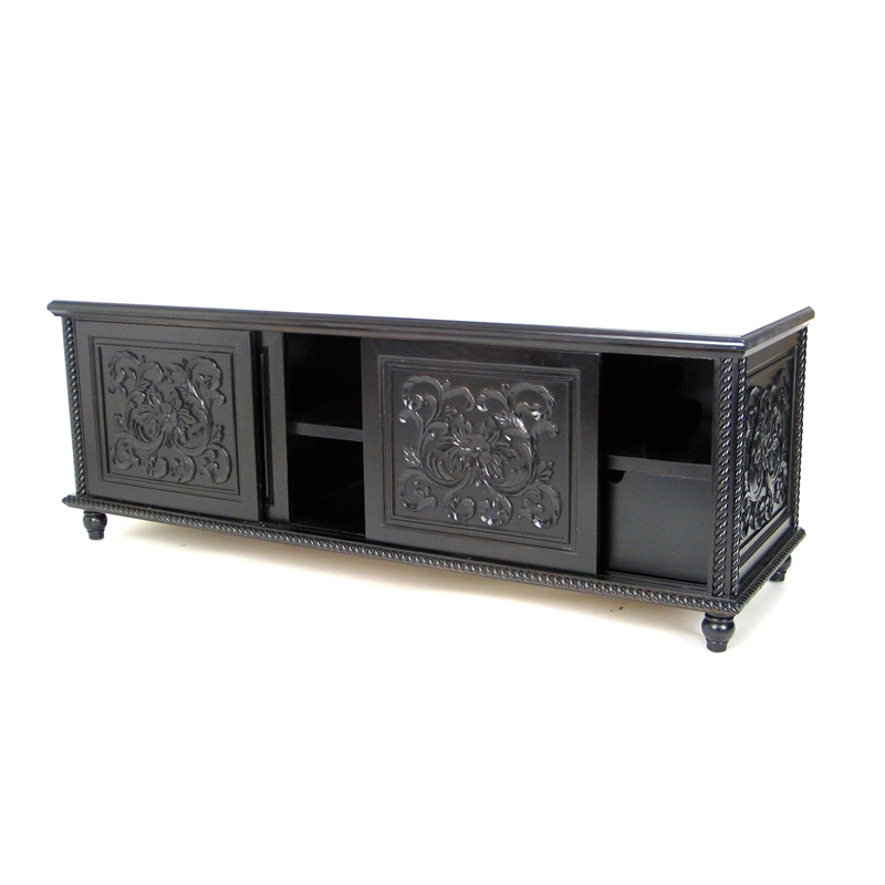 Benjara Hand Carved TV Console with Floral Motifs and 3 Sliding Doors- Black