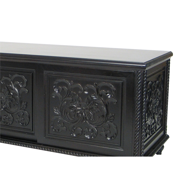 Benjara Hand Carved TV Console with Floral Motifs and 3 Sliding Doors- Black
