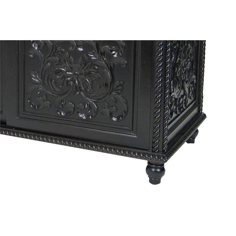 Benjara Hand Carved TV Console with Floral Motifs and 3 Sliding Doors- Black
