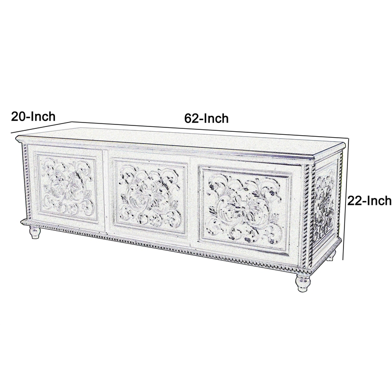 Benjara Hand Carved TV Console with Floral Motifs and 3 Sliding Doors- Black
