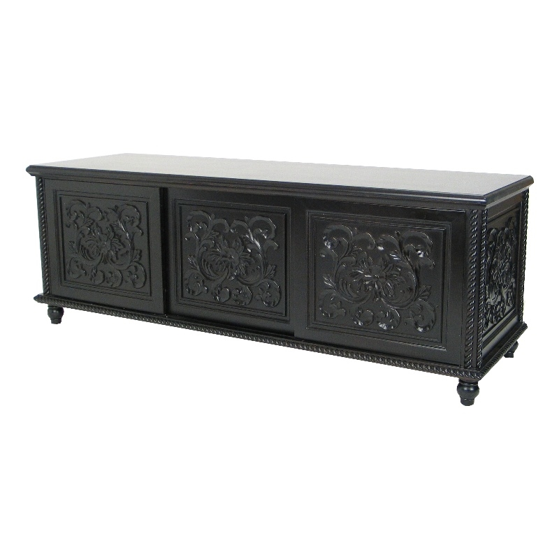Benjara Hand Carved TV Console with Floral Motifs and 3 Sliding Doors- Black