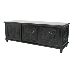 Benjara Hand Carved TV Console with Floral Motifs and 3 Sliding Doors- Black