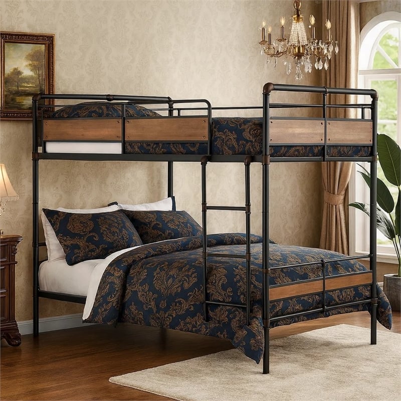 Benjara Queen Over Queen Size Metal Bunk Bed with Ladder- Black and Brown