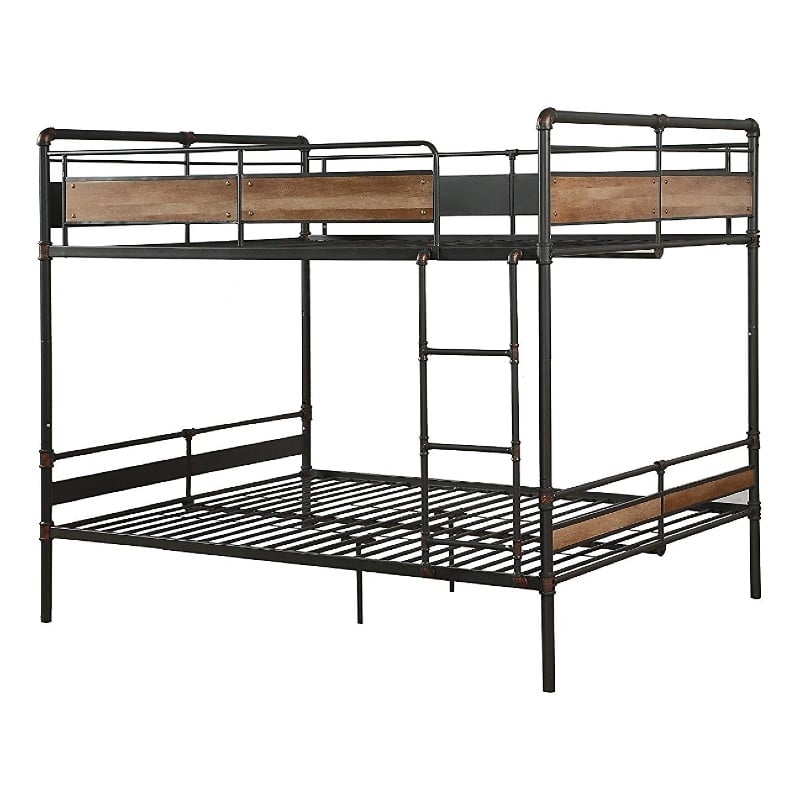 Benjara Queen Over Queen Size Metal Bunk Bed with Ladder- Black and Brown